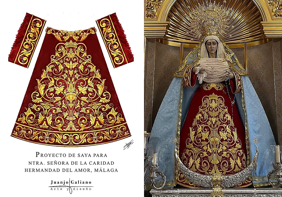 A la izquierda, el proyecto original, y a la derecha, la imagen de Estepona con la saya bordada en Pakistán.