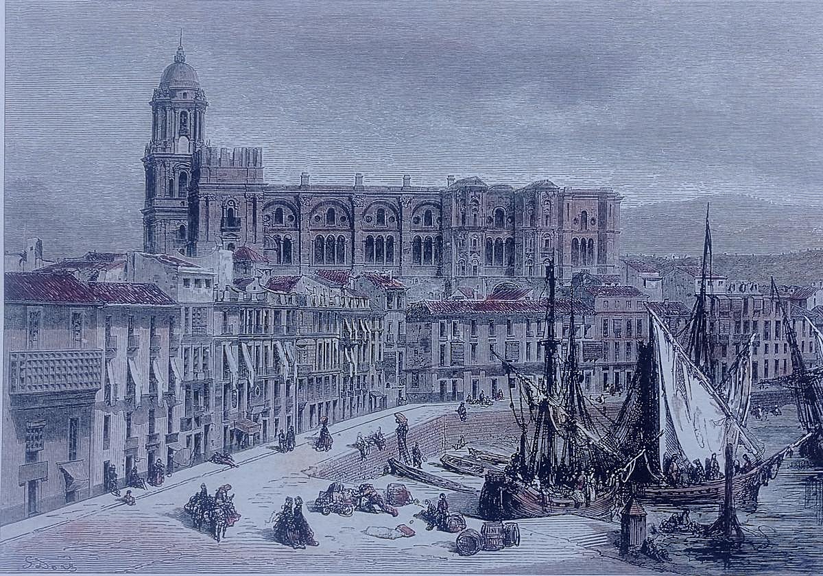 La catedral y el puerto de Málaga por Gustavo Doré. Hacia 1870.
