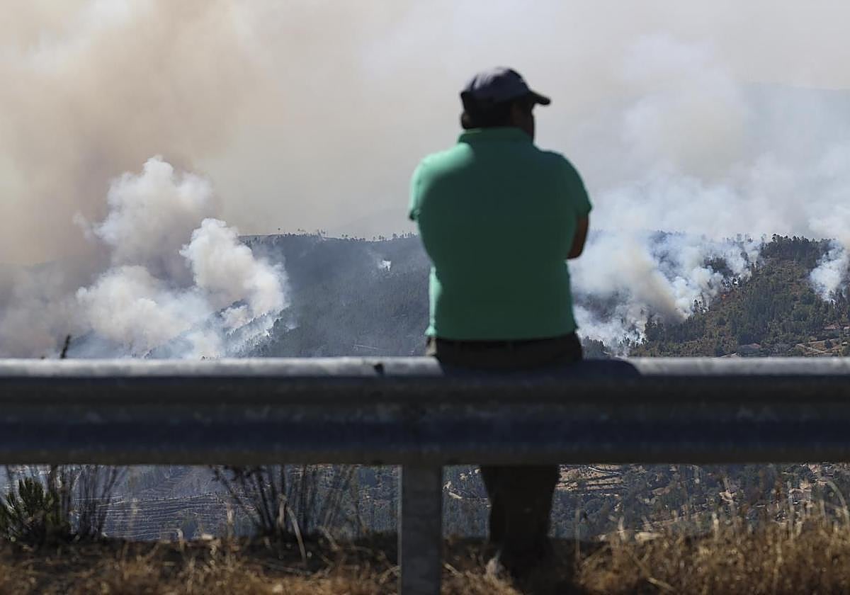 Imagen de este martes de Portugal, donde un vecino observa las columnas de humo del incendio en el municipio de Pampilhosa da Serra