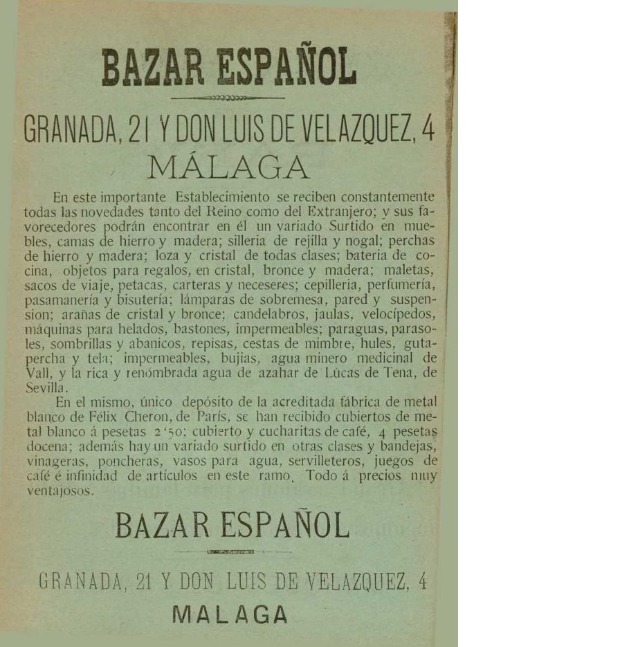 Anuncio de Bazar Español en la Guía de Málaga de Muñoz Cerisola. 1891