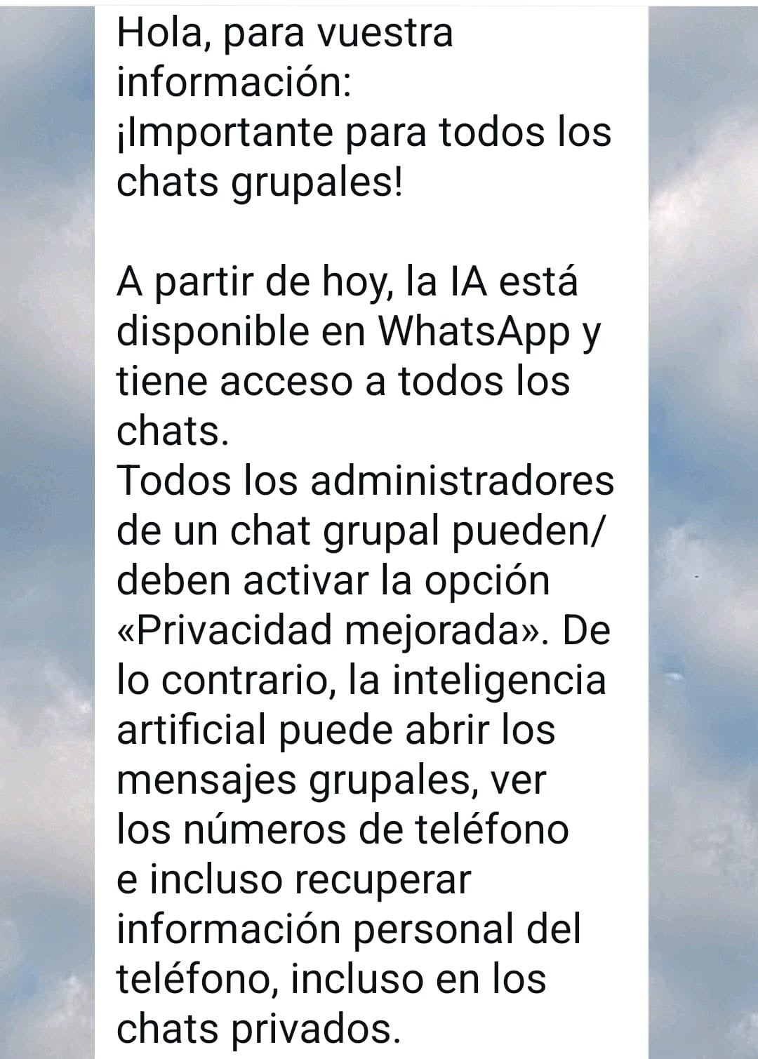 El mensaje viral sobre la privacidad que circula por los chats de grupos.