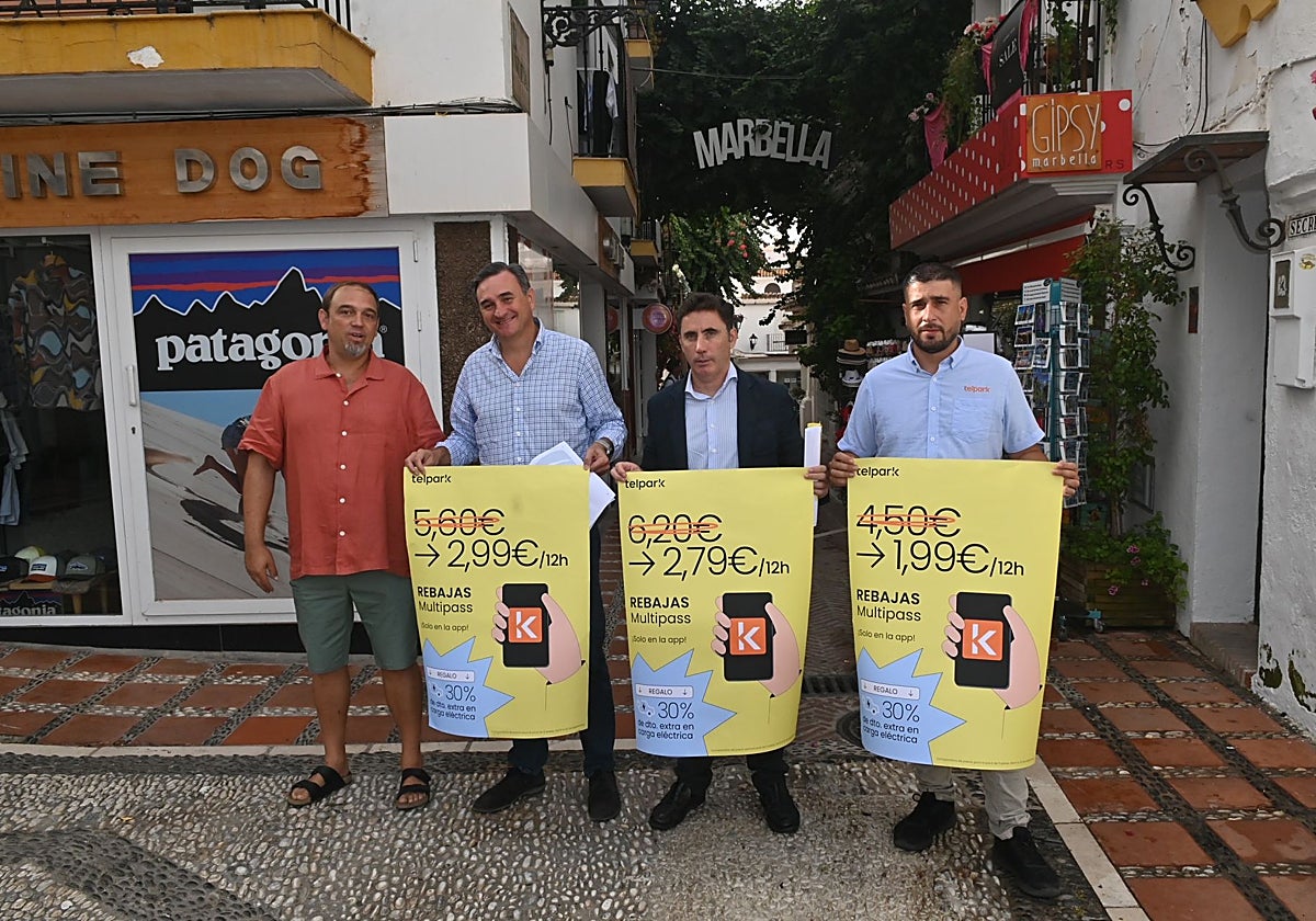 El edil de Tráfico, Félix Romero, el director territorial de Telpark, José María Fayos, y el presidente de la Plataforma de Comerciantes y Hosteleros, Nahuel Klappenbach, han presentado la iniciativa.