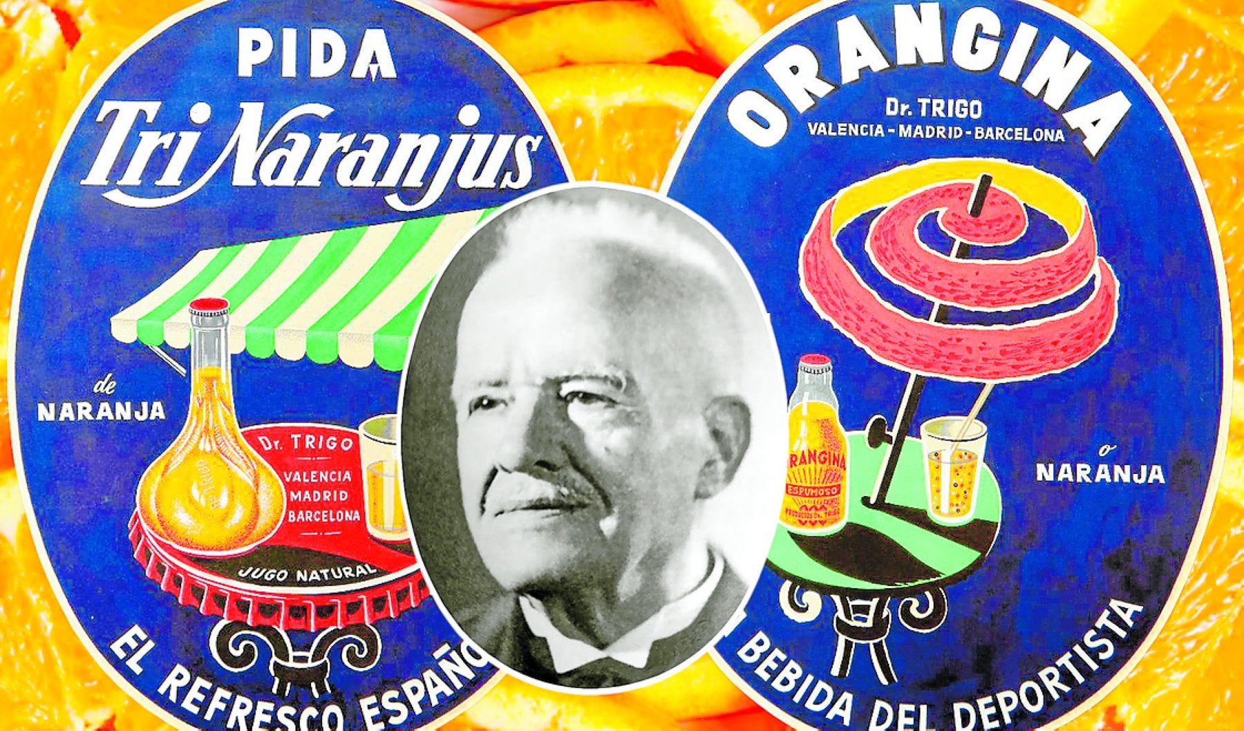Retrato de Agustín Trigo y carteles publicitarios de TriNaranjus y Orangina.