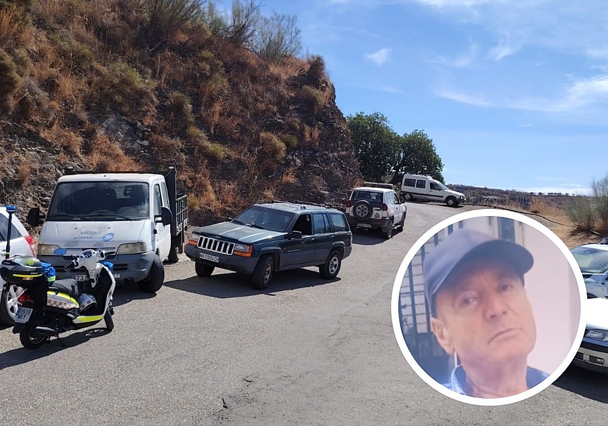 Vehículos participantes en la batida de este sábado y abajo a la derecha, imagen del desaparecido.