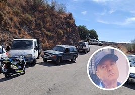 Vehículos participantes en la batida de este sábado y abajo a la derecha, imagen del desaparecido.