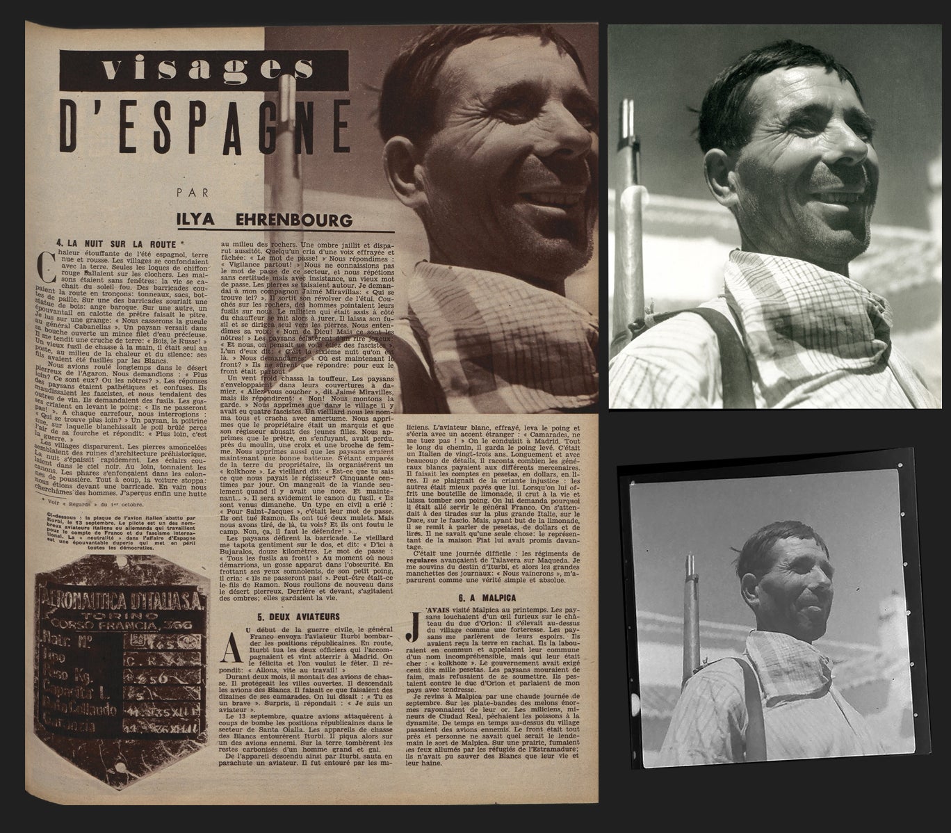 Imagen - Arriba, reportaje y fotografía de Namuth y Reisner en la revista 'Regards', nº143, 8 de octubre de 1936. Abajo derecha, negativo hallado en el BNE del mismo campesino armado en otra toma que no se publicó