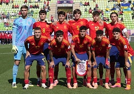 El once de la selección española sub-20 frente a Ucrania.