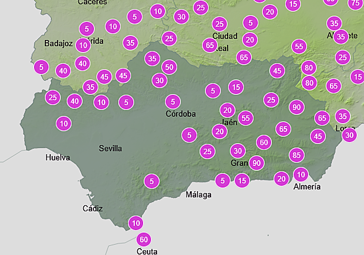 Probabilidad de lluvias en Andalucía este jueves hasta las 18.00 horas.