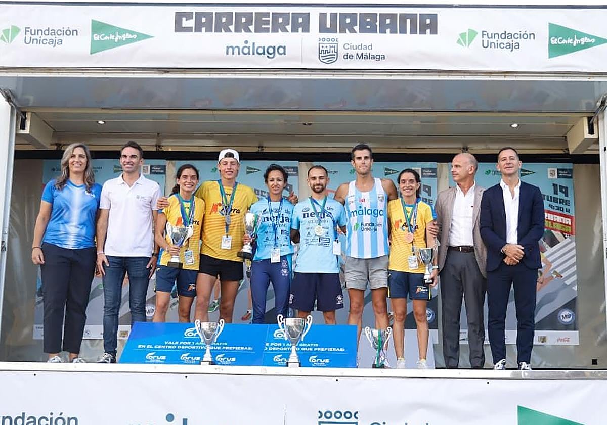 Imagen principal - El almeriense Nabil Sebbar, campeón de la Carrera Urbana Ciudad de Málaga, con récord femenino de Nazha Machrouh