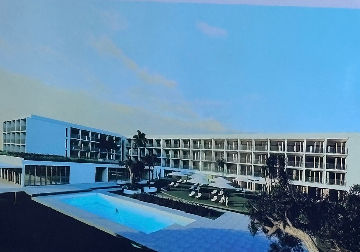 Imagen principal - Dos imágenes del proyecto de reforma del Parador de Turismo de Nerja y asistentes a la presentación.