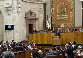 Sanz, en la tribuna de oradores, duranta la sesión plenaria celebrada en la tarde de este miércoles en el Parlamento regional.