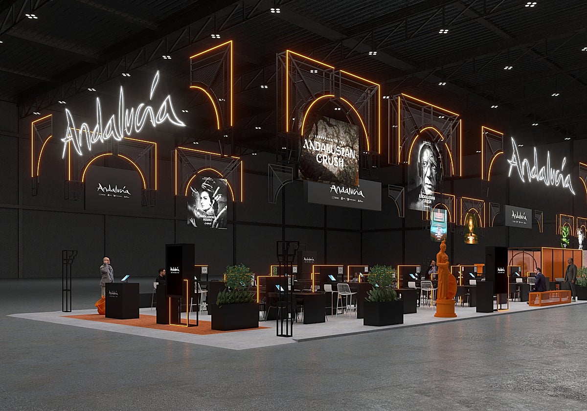 Imagen virtual del expositor de Andalucía en el recinto ferial Excel de Londres.