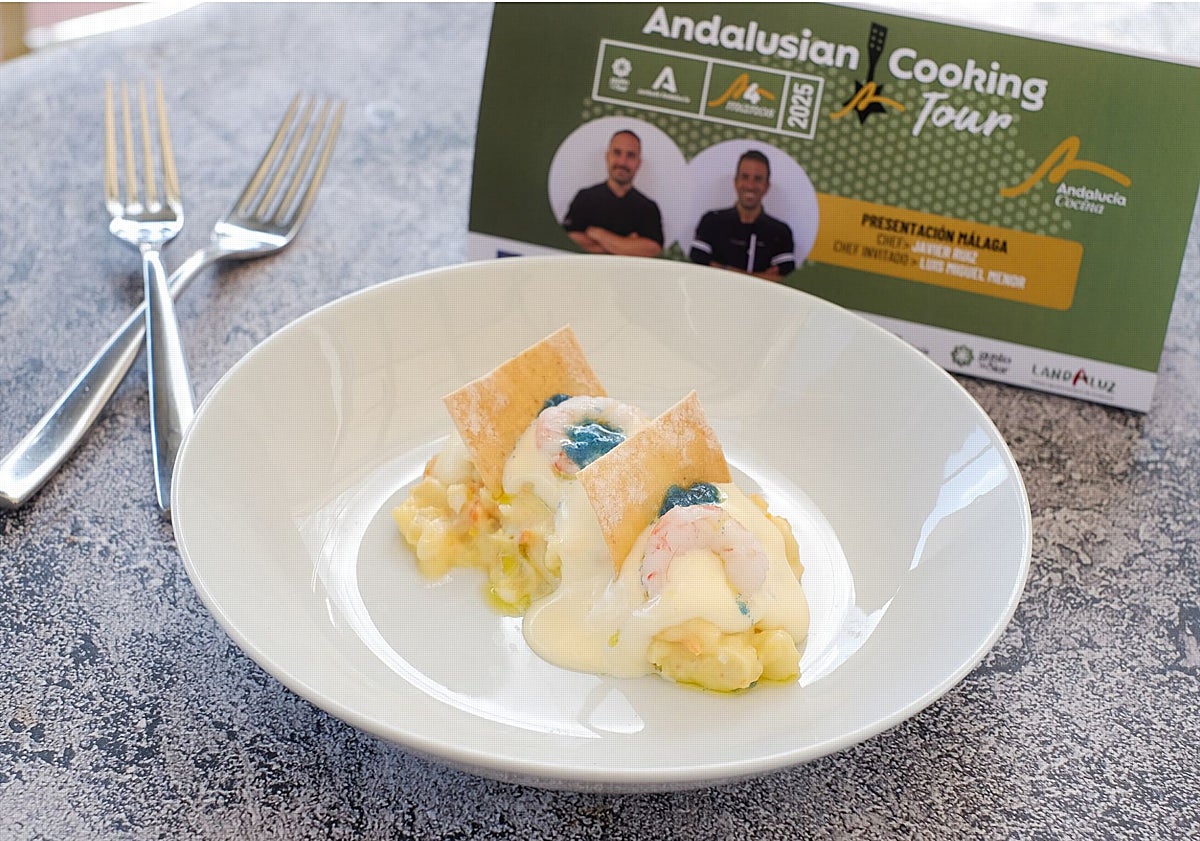 Imagen principal - Arriba, ensaladilla de quisquillas. Abajo, banderilla de carabinero y ostra con ajoblanco.