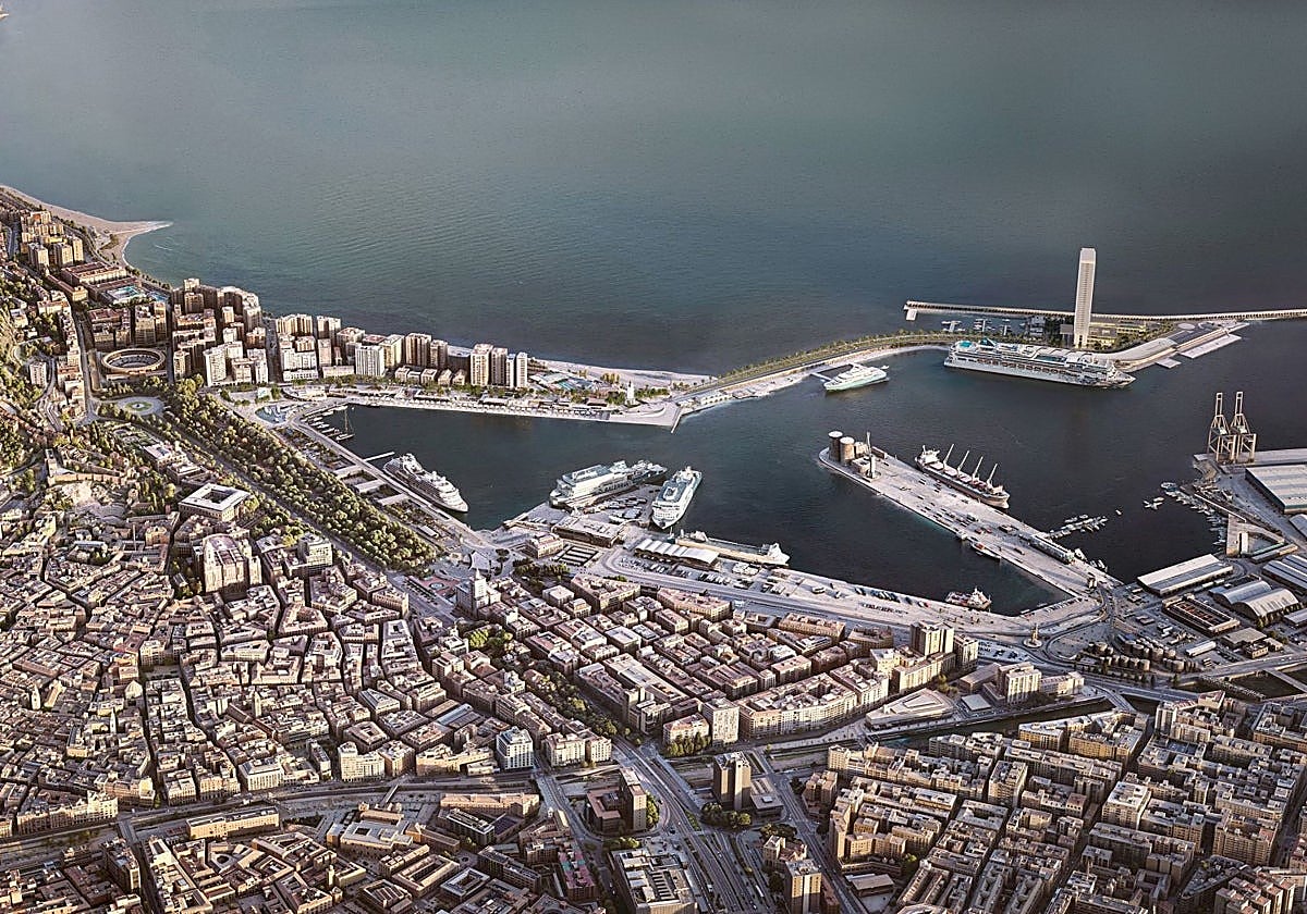 Vista aérea de una recreación de la Torre del Puerto en el dique de Levante.