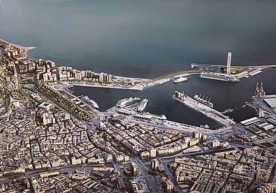 Vista aérea de una recreación de la Torre del Puerto en el dique de Levante.