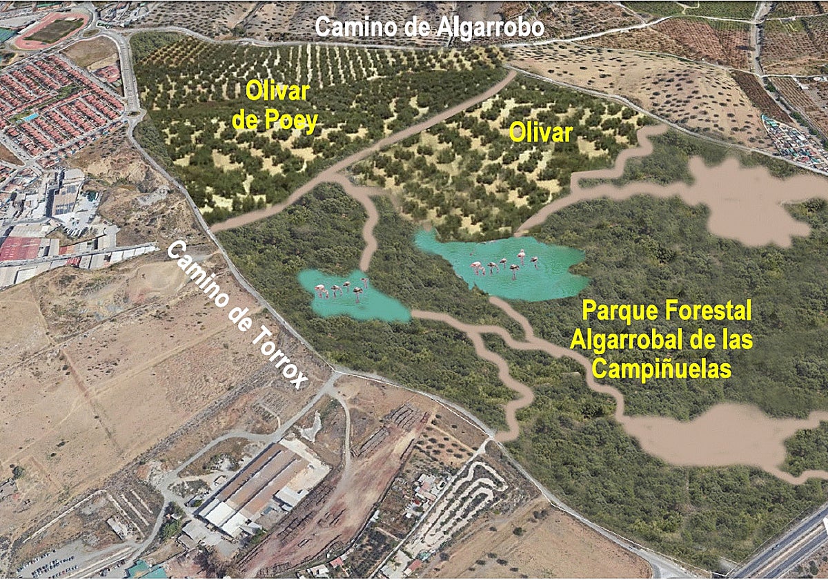 Imagen aérea con el diseño del parque que proponen los ecologistas en Vélez-Málaga.