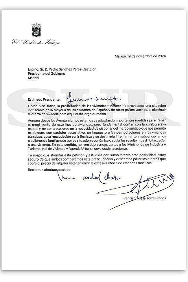 La carta del alcalde de Málaga al presidente del Gobierno.