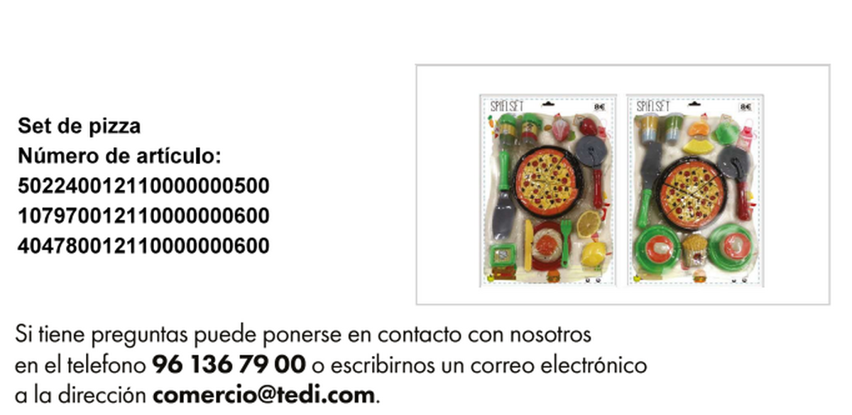 Tedi retira de sus tiendas un juguete con forma de pizza por riesgo de asfixia