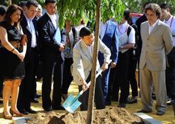 Naruhito planta un cerezo en su visita a Coria. / C. Quicler (Efe) | Atlas