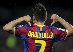 Villa celebra un gol con el Barcelona./AFP