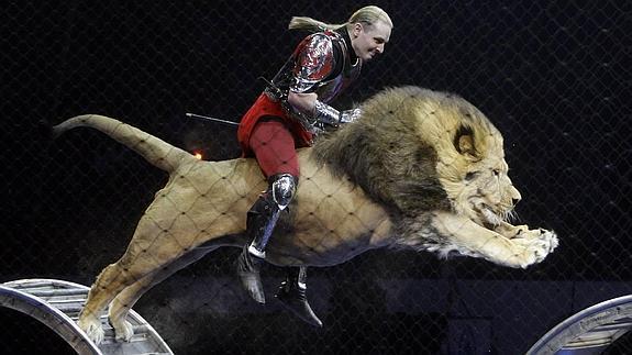 Un domador, a lomos de un león, realiza un salto durante su actuación en el circo 'Zapashny Brothers', en San Petersburgo.