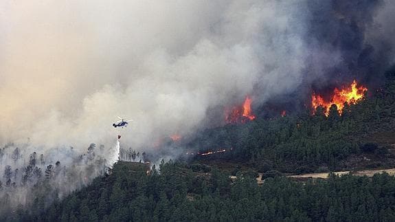 Un helicóptero realiza una descarga sobre el incendio forestal declarado en Acebo (Cáceres).