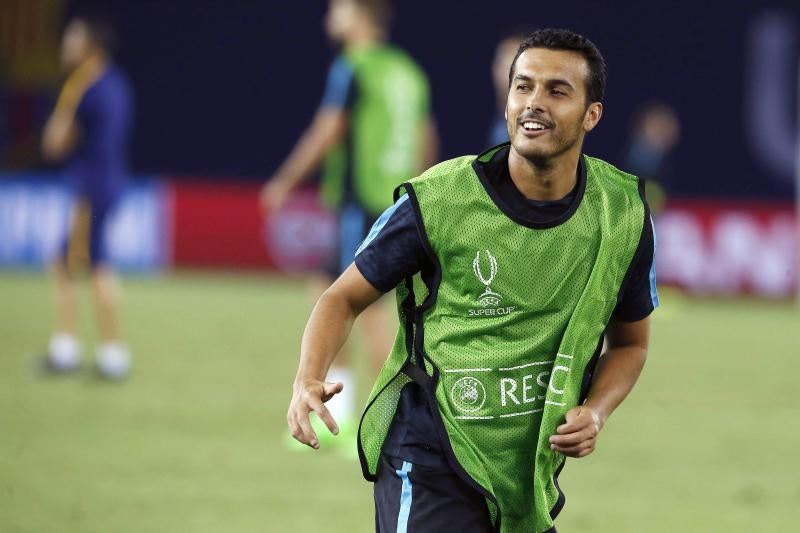 Pedro, en el entrenamiento previo a la final de la Supercopa de Europa. 