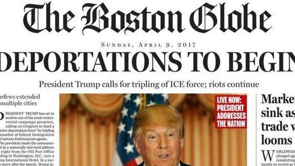 Portada satírica de The Boston Globe con Donad Trump como presidente estadounidense.