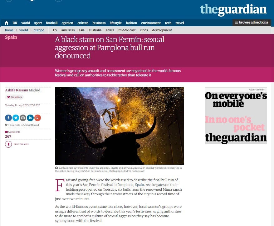 Fragmento de la noticia de 'The Guardian' donde alude a la 'mancha negra en San fermin'.