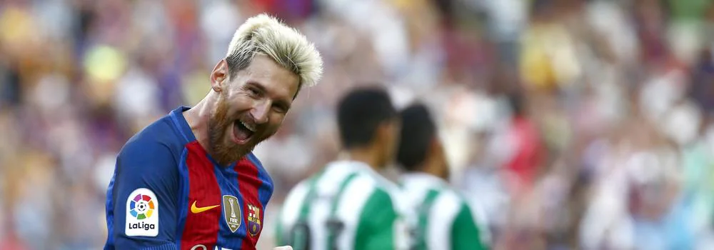 Messi celebra uno de sus goles al Betis. 