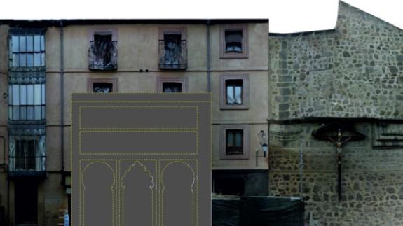 Simulación de dónde estaría la fachada de la mezquita.