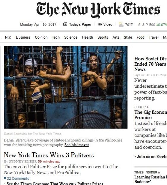 Portada de The New York Times tras recibir tres premios Pulitzer. 