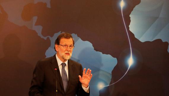 Rajoy, durante su conferencia en Brasil. 