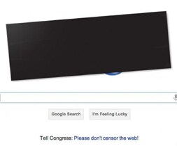 El doodle de Google, tapado con un cartel negro para protestar por la Ley SOPA