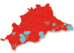 Mapa político de Málaga. Rojo: PSOE Azul: PP Marrón: IU