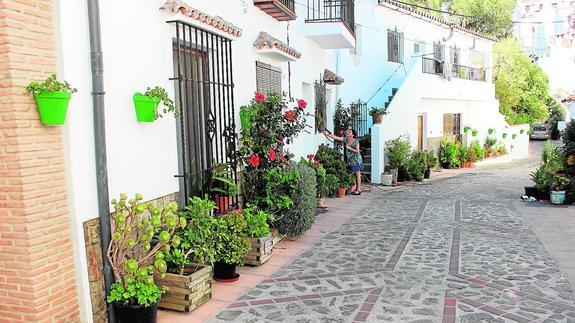 Una de las vías ubicadas prácticamente en el centro de la pequeña localidad de la Serranía en la que ya se han colgado las macetas. 