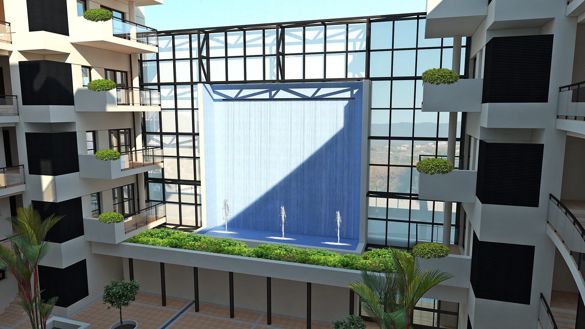 Estructura de vidrio que se ha construido en la urbanización Cosmo Beach para reducir el ruido en las viviendas.
