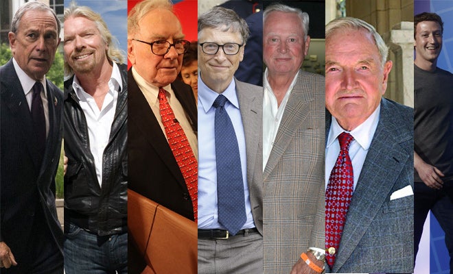 Bloomberg, Branson, Buffet, Gates, Hilton Rockefeller y Zuckerberg (de izda. a drcha). 