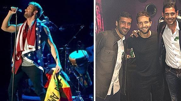 Pablo Alborán, durante su concierto anoche (izquierda). Antes, se fotografió con los futbolistas Raúl y Fernando Hierro. 