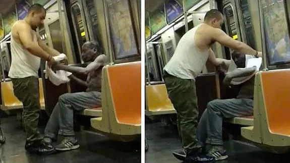 Ofrece su camiseta y su gorro a un hombre necesitado que tiritaba de frío en el metro