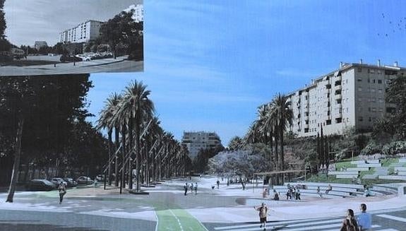 Arriba, estado actual de la explanada de Arroyo Primero. Abajo, recreación del parque urbano, tal y como recoge el proyecto.