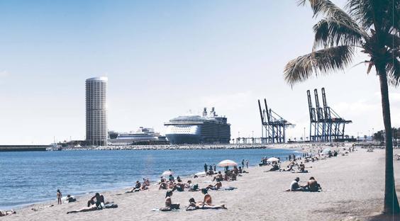 Recreación del rascacielos previsto en el Dique de Levante del puerto de Málaga.