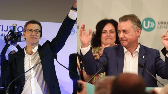 Alberto Núñez-Feijóo saluda a los militantes del PP. Iñigo Urkullu celebra su victoria en la sede del PNV