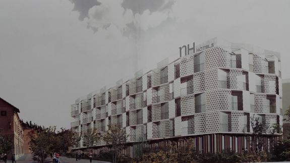 Recreación de la fachada de la ampliación del hotel, junto a la que se observa el edificio Mena-Italcable, a la izquierda