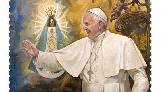 La pintura que ilustra el sello de los 80 años del Papa