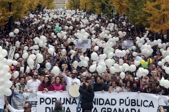 El doctor Jesús Candel (c), conocido como 'Spiriman' durante la manifestación llevada a cabo  en Granada. :: efe/PEPE TORRES