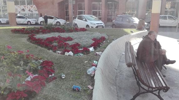 Latas, botellas y otros desechos junto a la estación de autobuses de Málaga. 