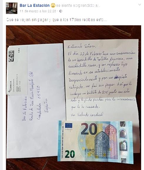 El bar afectado subió a su perfil de facebook una foto de la carta y los 20 euros que recibiópor carta. 