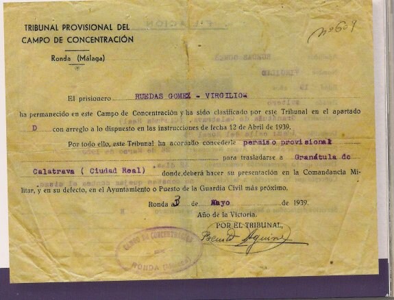  Documento que certifica la estancia de Virgilio  Ruedas Gómez en el campo de concentración rondeño.