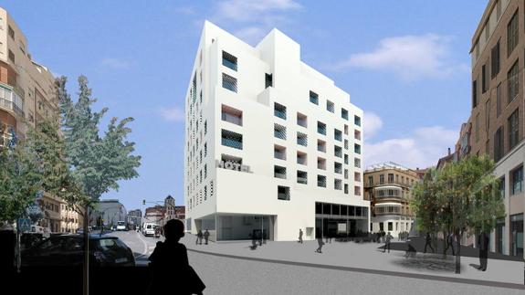 Recreación del proyecto, con el hotel de Moneo y al fondo el edificio que ofrecen al Ayuntamiento.